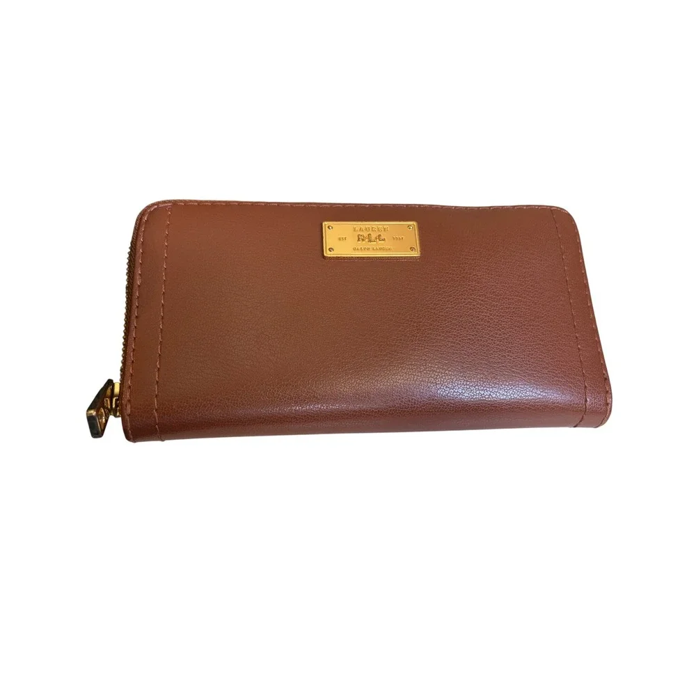 Lauren Ralph Lauren Brown Leather Zip Around Wallet Gold Logo Plaque Cognac